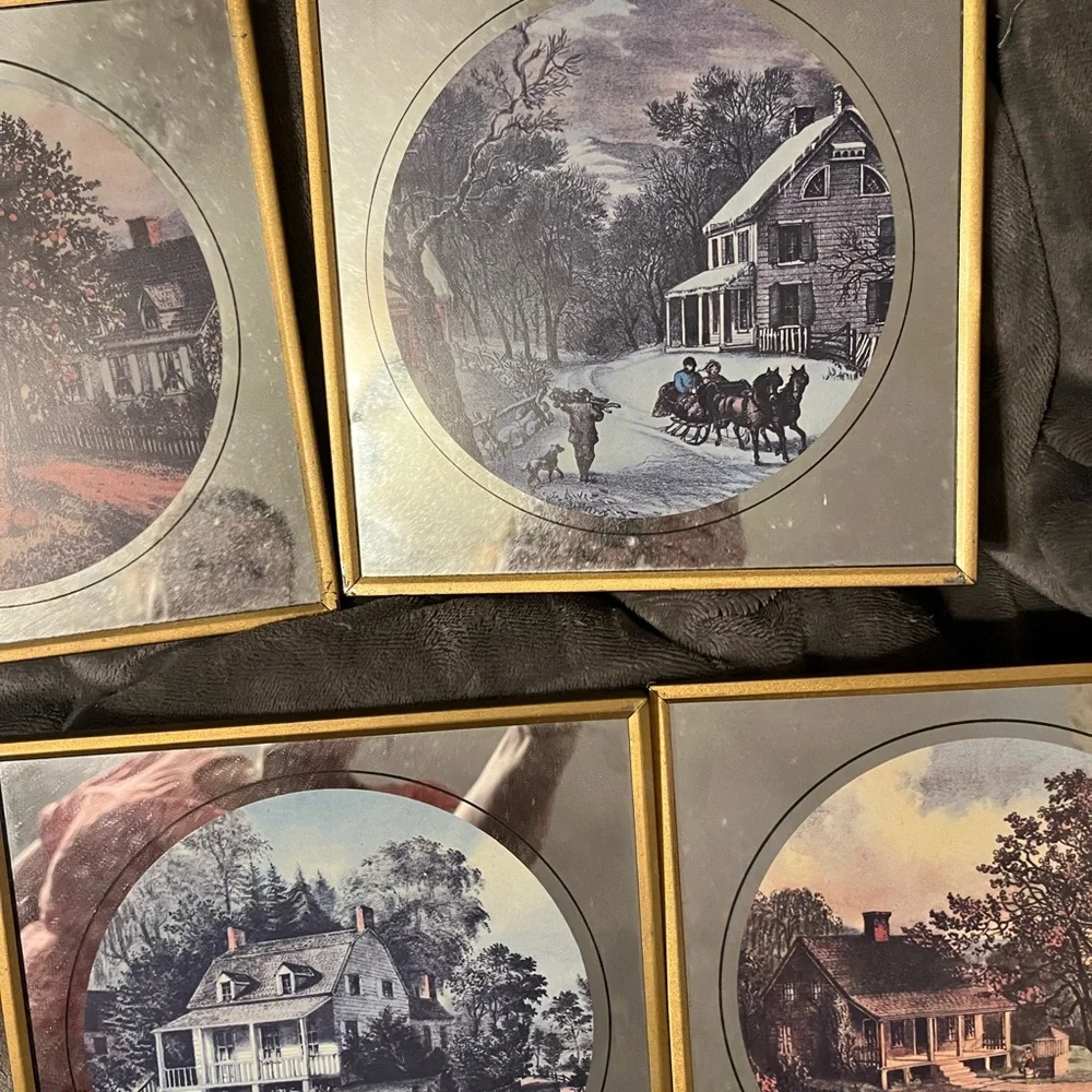 Vintage-Style Farmhouse Scene Wall Art - Set of 4 - Gold Frames